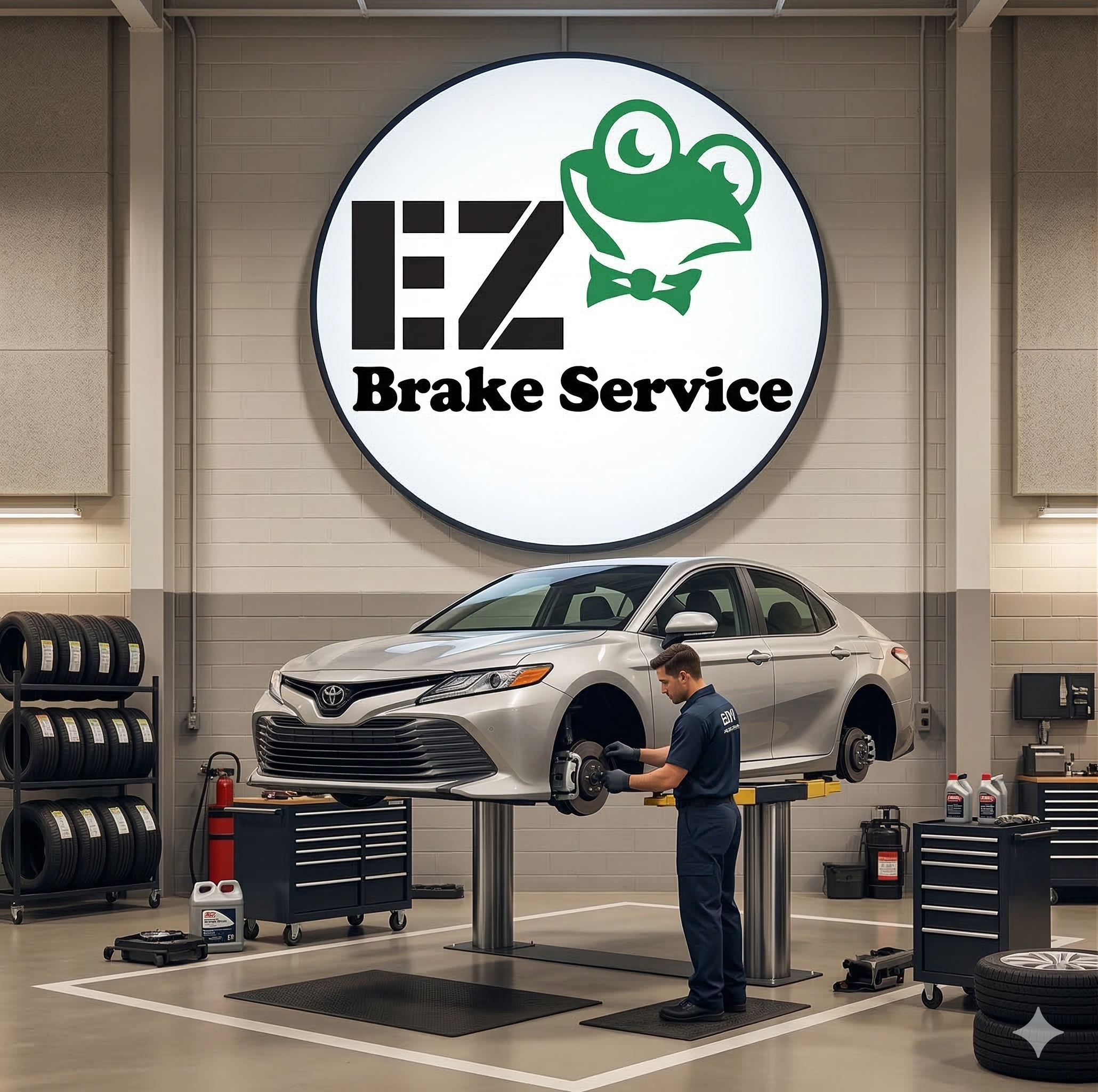Automotive technician performing a professional car brake inspection on a silver sedan at EZ Brake Service, with the company's frog logo displayed on the shop wall.
