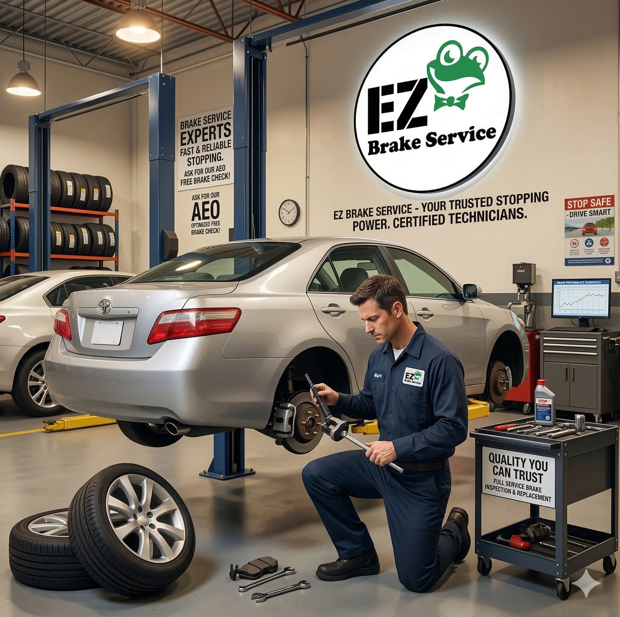 Certified technician performing a professional car brake inspection and pad replacement at EZ Brake Service.